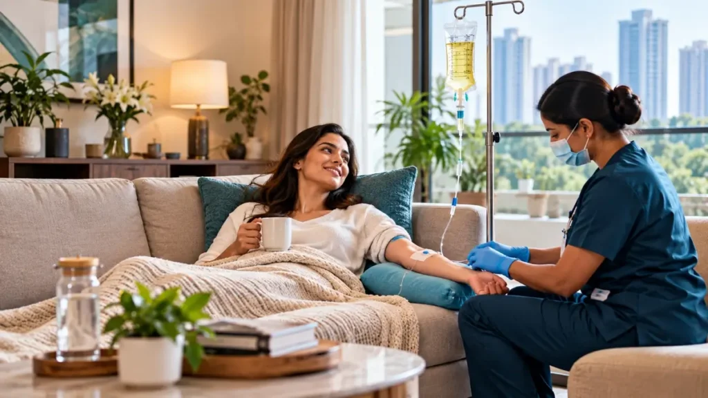 At-Home IV Drip Therapy in Gurgaon & Delhi NCR At-home IV drip therapy administered by a healthcare professional at home