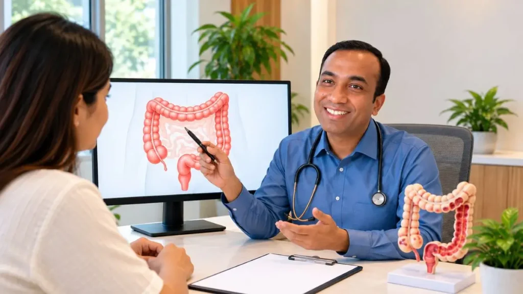 Colon Cleansing: Benefits, Risks & What You Should Know 2 Colon cleansing consultation with a doctor explaining colon anatomy to a patient