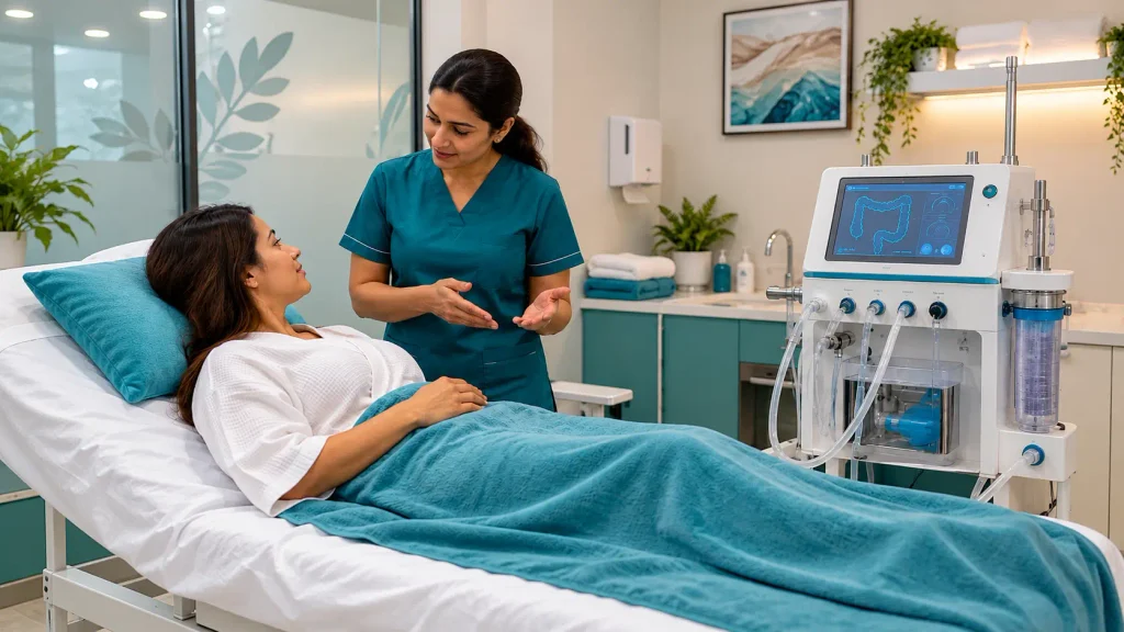 Colonic Cleanse: A Real Case Study on Colon Hydrotherapy & Gut Wellness 2 Colonic cleanse procedure in a modern wellness clinic with specialised equipment