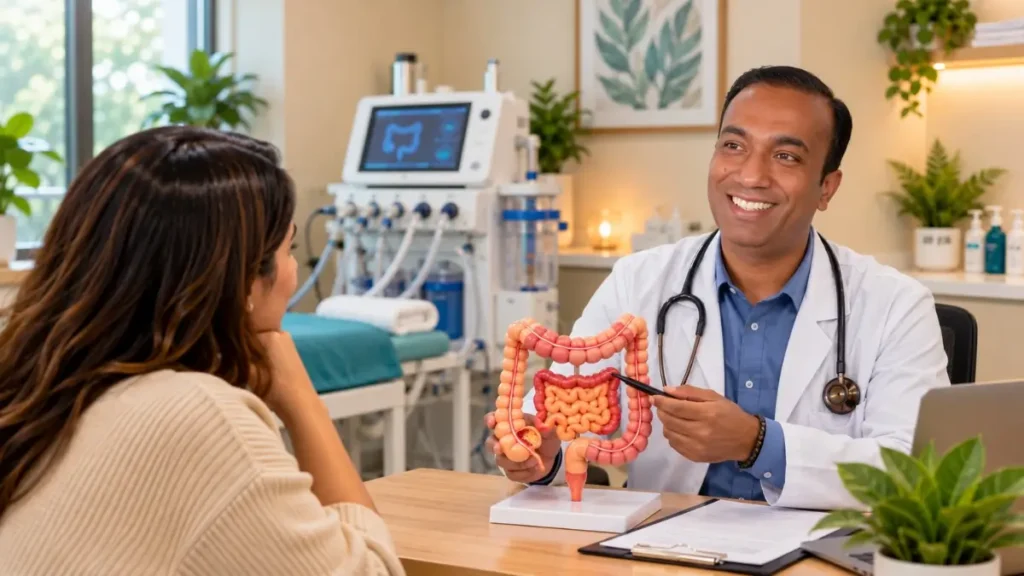 Colonic Cleanse: A Real Case Study on Colon Hydrotherapy & Gut Wellness 5 Colon Hydrotherapy consultation with a doctor explaining colon anatomy to a patient