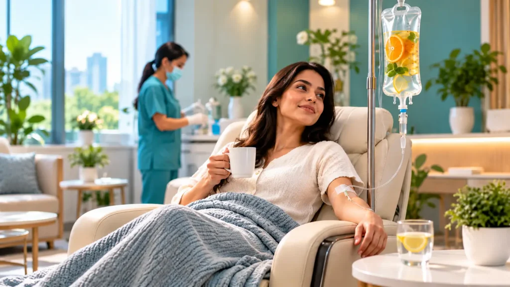 Unlock Higher Energy Levels and Stronger Immunity with IV Nutrition Drips 2 Woman receiving IV Nutrition Drips in Gurgaon at a modern wellness clinic