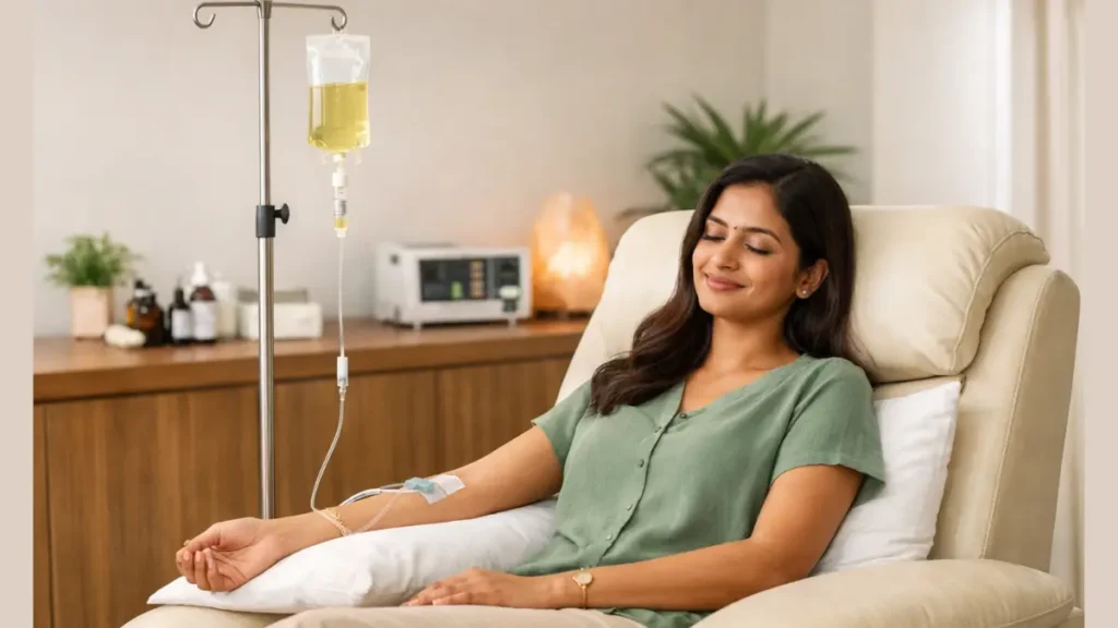 Woman receiving IV nutrient infusion therapy in a calm wellness clinic environment