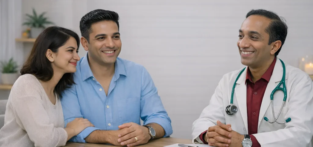 NAD+ IV Therapy Before IVF consultation with doctor guiding couple during integrative fertility preparation