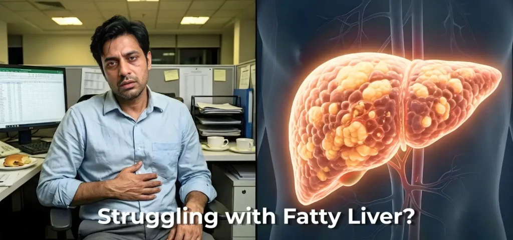 Fatty liver symptoms in a stressed office professional with liver condition illustration Gurgaon