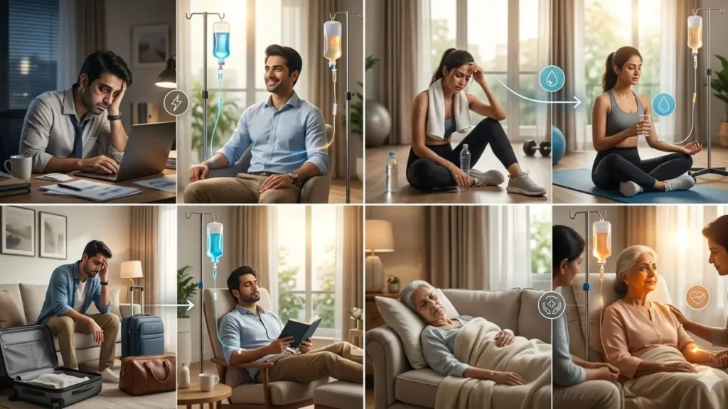 IV therapy at home Delhi NCR for professionals, fitness enthusiasts, travelers, and elderly recovery