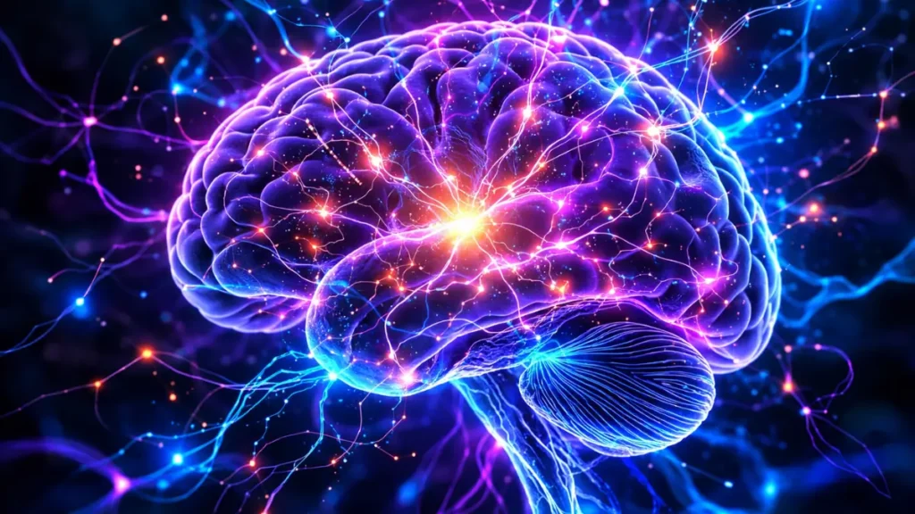 Human brain with glowing neural connections representing NAD+ therapy benefits for brain health, stress reduction and cognitive function