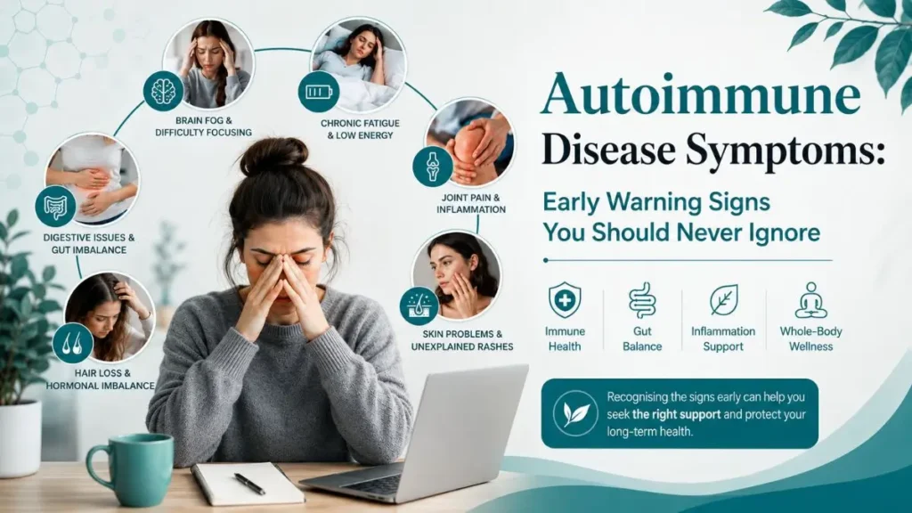 Woman experiencing autoimmune disease symptoms including fatigue, brain fog, gut health issues, and inflammation