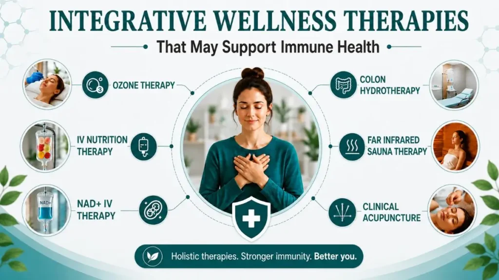 Integrative wellness therapies supporting immune health including ozone therapy, IV nutrition, NAD+ IV therapy, colon hydrotherapy, sauna therapy, and clinical acupuncture