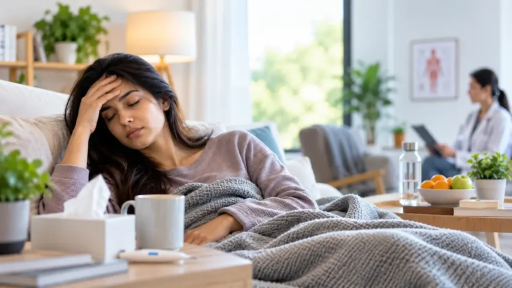 Post-Viral Recovery: Why Your Body May Need Extra Care After an Illness 4 Woman experiencing fatigue during post-viral recovery at home