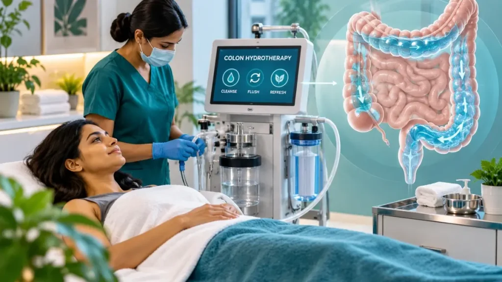 Colon Hydrotherapy During 9 Days of Navratri Fasting: What Happens to Your Gut? 2 Colon cleansing equipment and digestive system illustration in a clinical setting